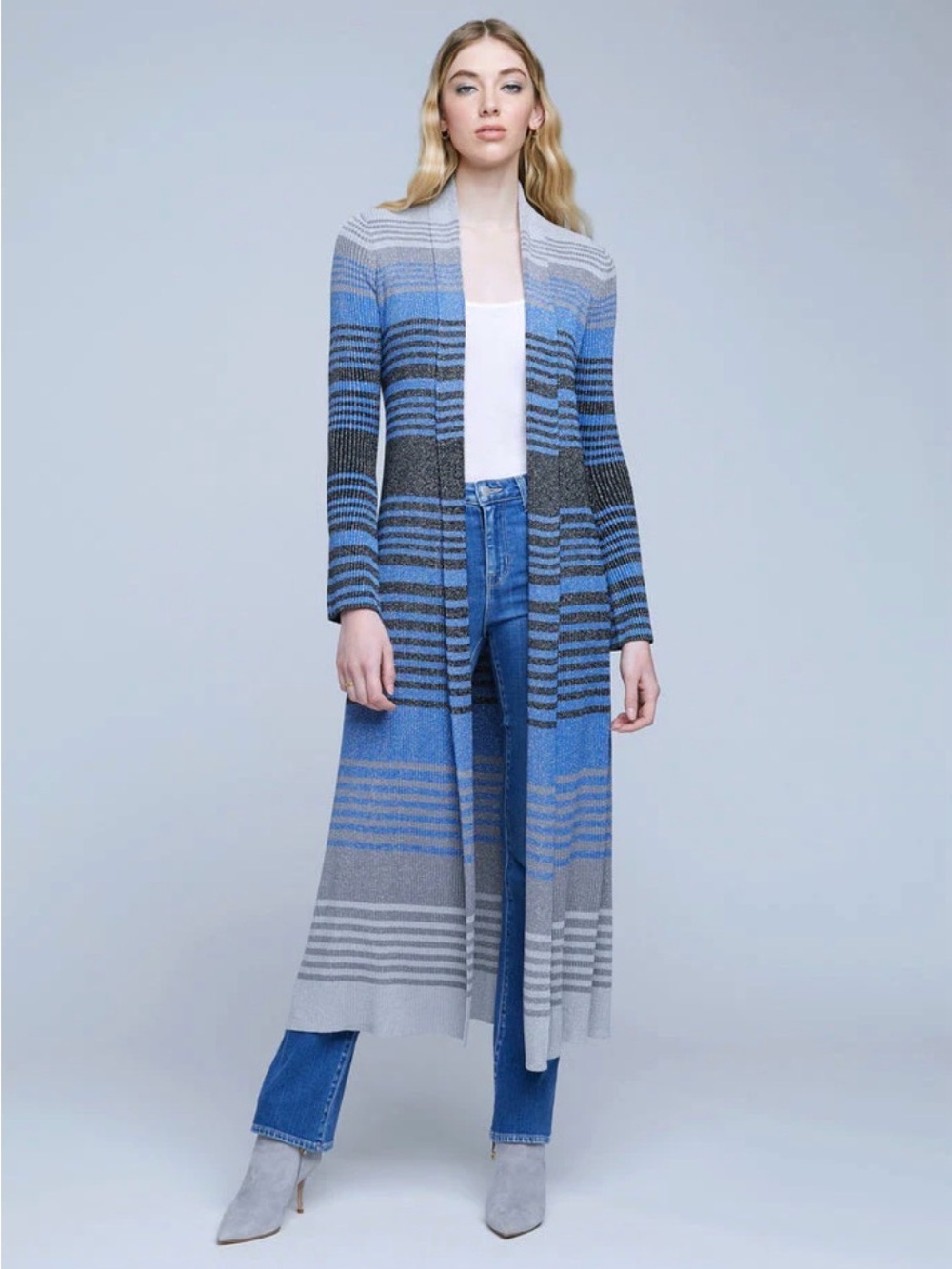 L’AGENCE NWT Marija  Blue & Gray Striped Duster Cardigan Women's Sweater